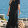 Black Floral Lace Overlay Tassel Tie Short Sleeve Beach Vacation Loose Maxi Dress