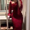 571136359 Elegant Lace Beaded Fitted Evening Dress
