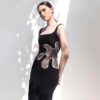 Black mesh diamond long sleeveless square neck high-end dress