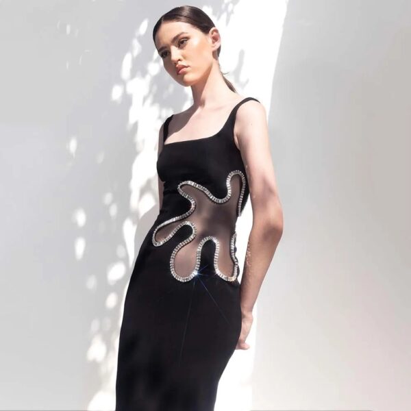 Black mesh diamond long sleeveless square neck high-end dress