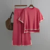 O-neck Short Sleeve Loose Sweater Casual Tops High Waist Pant 2 Piece Set