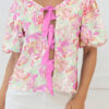 Pink Ribbon Knot Front Floral Short Puff Sleeve Blouse