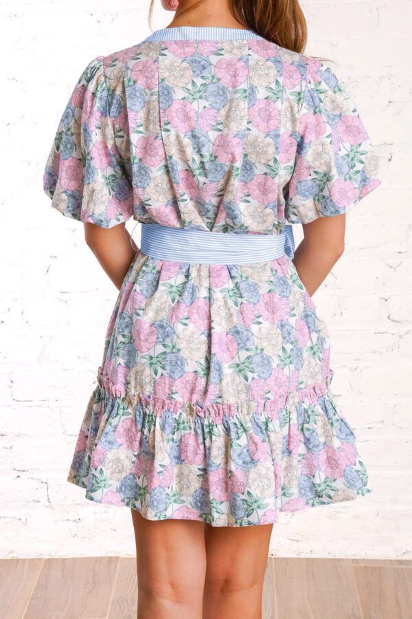 White Floral Print Striped Contrast Trim Belted Short Dress
