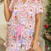 Pink Nutcracker Doll Christmas Print Ribbon Tie Waist Short 2pcs Pajama Set