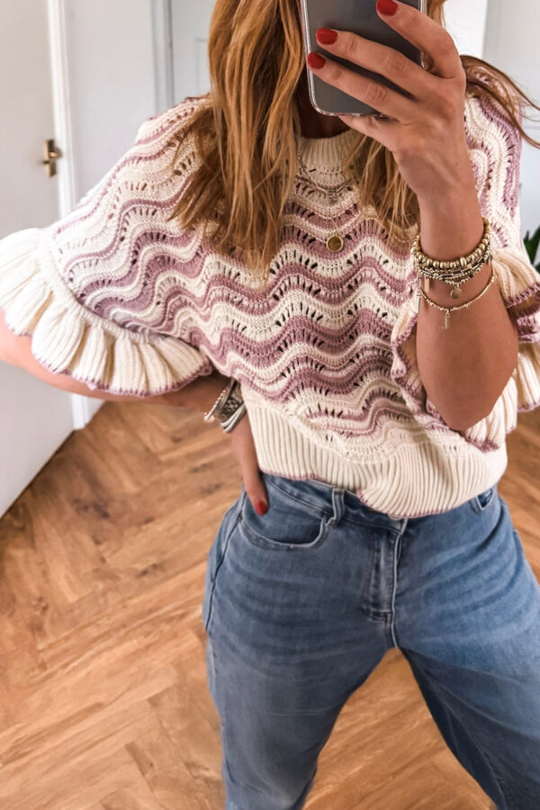 101804530-5ce4e5070a3c5a1d.jpg Black Stripe Wavy Crochet Eyelet Detail Ruffle Half Sleeve Sweater