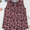 Brown Leaf Print Lace-up V Neck Crinckled Tank Top