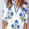 Green Casual Wild Flower Print V Neck 3/4 Sleeve Blouse