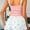 Pink Ribbed Knit Lace Straps Patchwork Lettuce Hem Cropped Top Floral Short Lounge Set