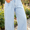 Beau Blue Studded Side Slit Leg Frayed Pocketed Wide Leg Jeans