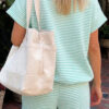 Pink Stripe Cuffed Sleeve Contrast Mock Neck Tee Casual 2pcs Short Set