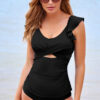 Black Solid Color Ruffle Detail Crossed Cutout Slim Tankini 2pcs Swimsuit