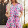 Pink Floral Collared Half Placket Short Sleeve Loose Dress