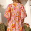 Pink Striped Floral Print Tie Neck Puff Sleeve Loose Mini Dress