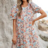 Apricot Bohemian Floral Print Short Puff Sleeve Mini Dress