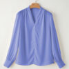 Sky Blue Solid Color V Neck Breezy Long Sleeve Blouse