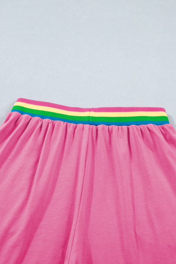 Bright Pink Seam Detail Raw Edge Tee Rainbow Waistband Casual Short Set