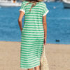 Green Stripe Collared V Neck Short Sleeve T Shirt Midi Dress with Pockets