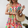 Sky Blue Abstract Print V Neck Dolman Sleeve Ruffle Tiered Mini Dress