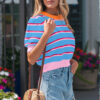 Sky Blue Stripe Colorblock Trim Half Sleeve Sweater Top
