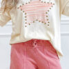 Beige Star Print Stud Detail Cotton Jersey Top