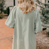 Green Patch Pockets Button Down Short Puff Sleeve Dress