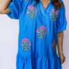 Blue Flower Embroidered Split Neck Short Puff Sleeve Ruffle Hem Dress