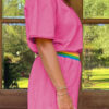 Bright Pink Seam Detail Raw Edge Tee Rainbow Waistband Casual Short Set