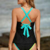 Black Floral Textured Neon Trim V Neck Crisscross Backless Tankini Set