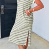 Green Stripe Collared V Neck Short Sleeve T Shirt Midi Dress with Pockets