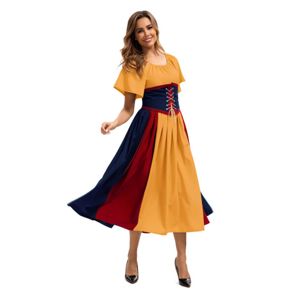 Style Medieval Retro Color-block Spliced Tie-waist Flared Dress
