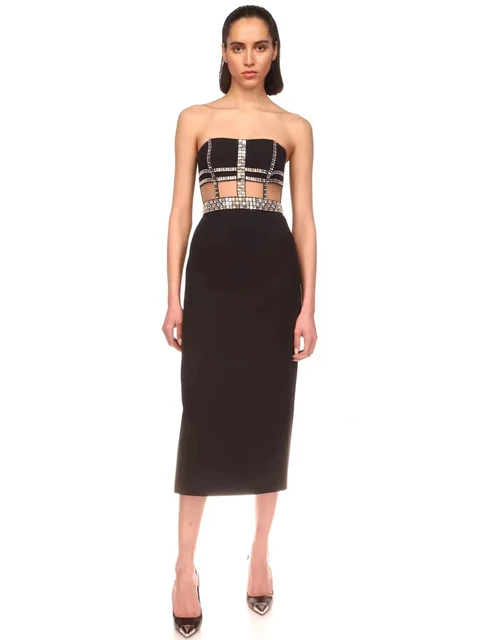 571136397 Knitted black strapless beaded evening dress with bandages and backless dress