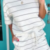 Black Stripe Half Sleeve Tee Drawstring Shorts 2pcs Set