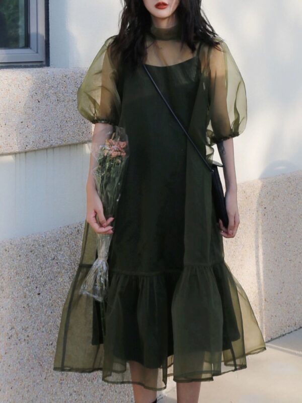 French Vinatge Midi Dress Women Retro Pure Color Short Sleeve Party Design