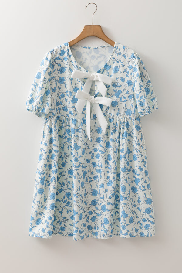 Sky Blue Leopard Contrast Bow Puff Sleeve Mini Dress