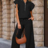Apricot Textured Ruffled Sleeve Zipped Top and Wide Leg Pants Set