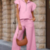 Apricot Textured Ruffled Sleeve Zipped Top and Wide Leg Pants Set