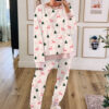 Pink Bow Christmas Tree Print Contrast Striped Banding 2pcs Lounge Set