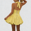 Women's Fashion Deep V Backless Halter Neck Tie Ribbon Bow Bubble Mini Dress