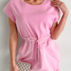101803076-67b6639081bdb45f.jpg Bonbon Cuffed Short Sleeve Mix Fabric Patchwork Drawstring Mini Dress