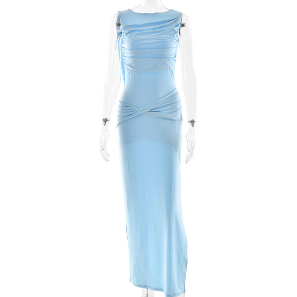Sleeveless Pleated Slit Fitted Formal Gown