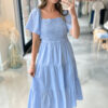 Beau Blue Flowy Short Sleeve Lace Detail Square Neck Tiered Midi Dress