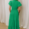 Clearly Aqua Solid Color V Neck Short Puff Sleeve High Waist Tiered Maxi Dress