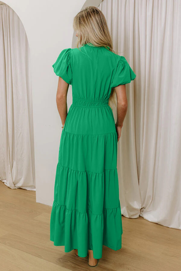 Clearly Aqua Solid Color V Neck Short Puff Sleeve High Waist Tiered Maxi Dress