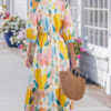 Multicolour Floral Doodle Print Striped Trim V Neck Midi Dress