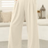 Beige Solid Color Textured Elastic Waist Wide Leg Pants
