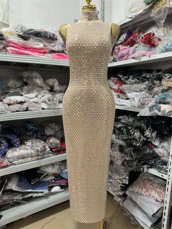 Shiny Diamond Micro-Sexy Halter Sleeveless Casual Beaded Fitted Long Bodycon Party Dress