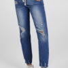 Dark Blue Elastic Waist Straight Leg Destroyed Raw Hem Jeans
