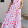 Pink Floral Print Knotted Shoulder Smocked Maxi Dress