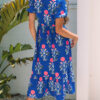 Sky Blue Floral Puff Short Sleeve V Neck High Waist Maxi Dress