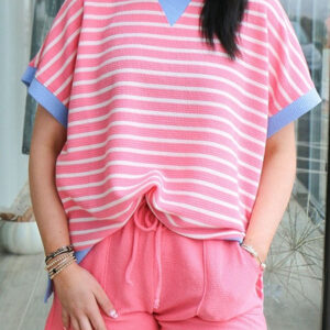 Pink Stripe Contrast Trim Loose Short Sleeve Top